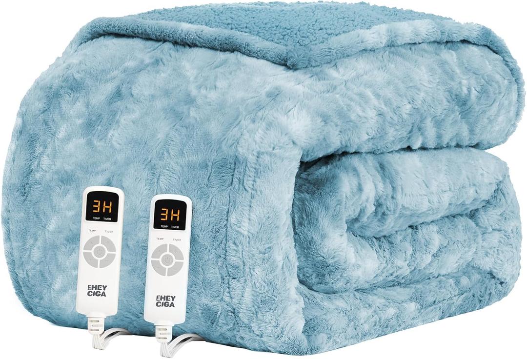 EHEYCIGA Electric Heated Blanket Throw Faux Fur, 10 Hours Auto Shut Off 9 Heating Levels Heating Blanket Throw, Soft Warm Heated Blanket Fast Heating Light Blue, Faux Fur & Sherpa