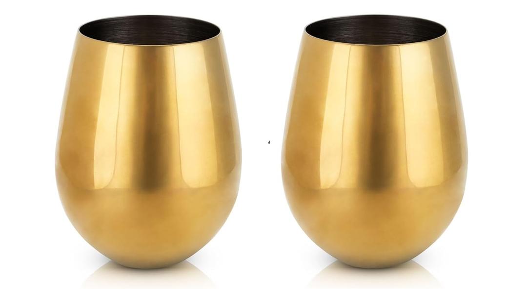 Stemless Wine Glasses, Elegant Stainless Steel Wine Tumblers, Perfect Anniversary & Wedding Gifts, Cocktail, Stylish Drinkware, Home Bar Accessories, 18 oz, Set of 2, Gol