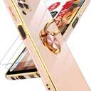 LeYi for Samsung Galaxy A12 Phone Case: with Tempered Glass Screen Protector [2 Pack] 360 Rotatable Ring Holder Magnetic Kickstand, Plating Rose Gold Edge Cell Android Case Cover A 12, Pink
