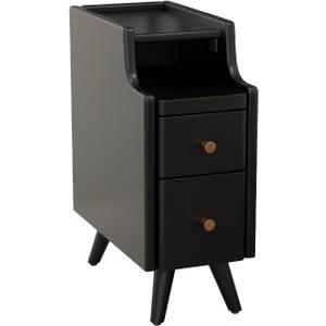 Small Nightstand with Drawers, Solid Wood Bedside Table, Narrow BlackNightstand for Bedroom (8")