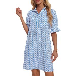 FENSACE Womens Casual Shirt Dress Ruffle Sleeve Button Down Shift Summer Dresses with Pockets (Blue, M)