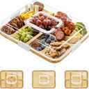 Core Hom Charcuterie Board with Clear Lid, Portable Travel Cheese Cutting Boards for Picnic Accessories, Bamboo Serving Tray with Lids, House Warming Gifts, White Handles, 5 Compartments