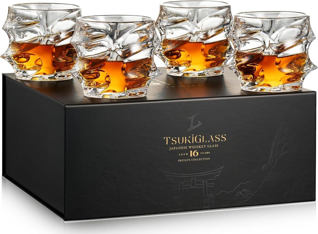 TSUKIGLASS Storm Premium Japanese Crystal Whisky Glasses Set of 4 - Gift Ready Box, 100% Ultra Clarity Lead-Free Crystal, 10oz Tumblers for Bourbon, Scotch & Cocktails, Luxury Gift for Men