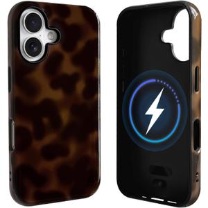 NITITOP Compatible with iPhone 16 Plus Case Magnetic Compatible with MagSafe Cute Amber Leopard Aesthetic Tortoise Design for Women Men Girls Soft TPU Shockproof Protective Cover - Brown2