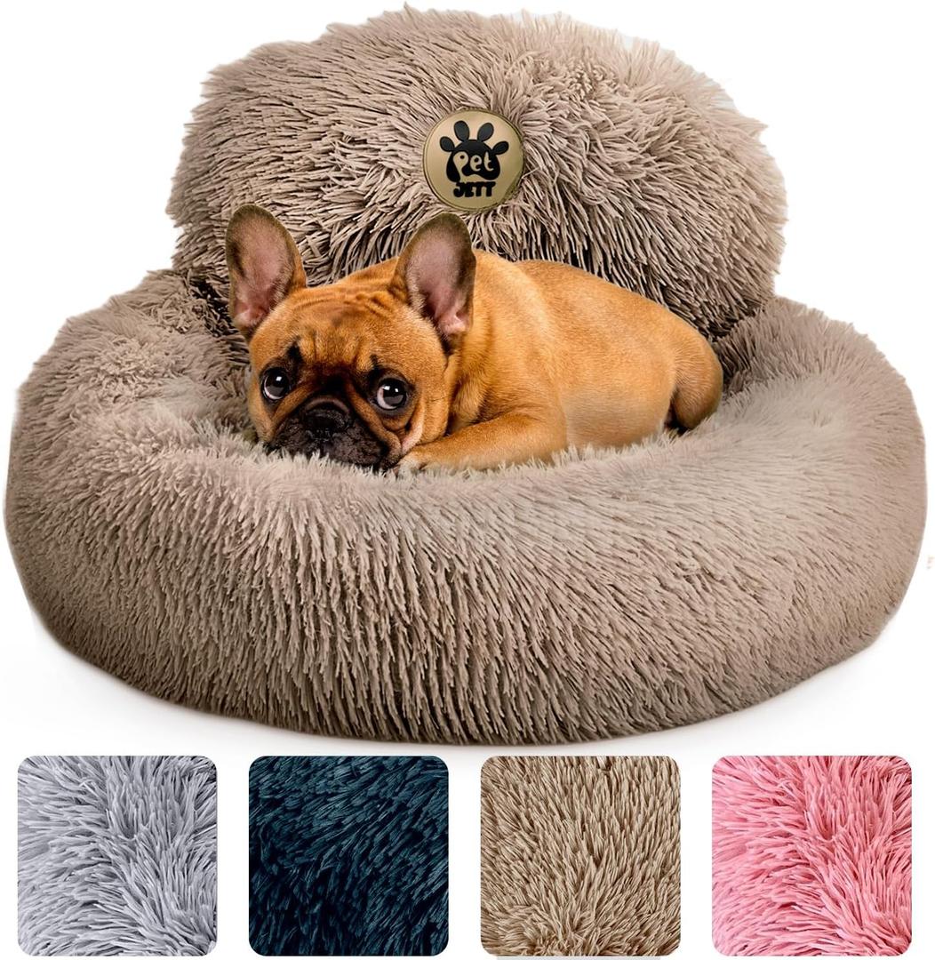PetJett Calming Dog Bed - Donut Dog Beds for Small, Medium, Large Dogs, Anti-Slip & Washable Round Dog Bed - Fluffy Plush Faux Fur Pet Bed, Anti-Anxiety Puppy Bed, 23'' Fits Up to 25 lbs Pets, Beige (Small - 23L x 23W x 8Th)