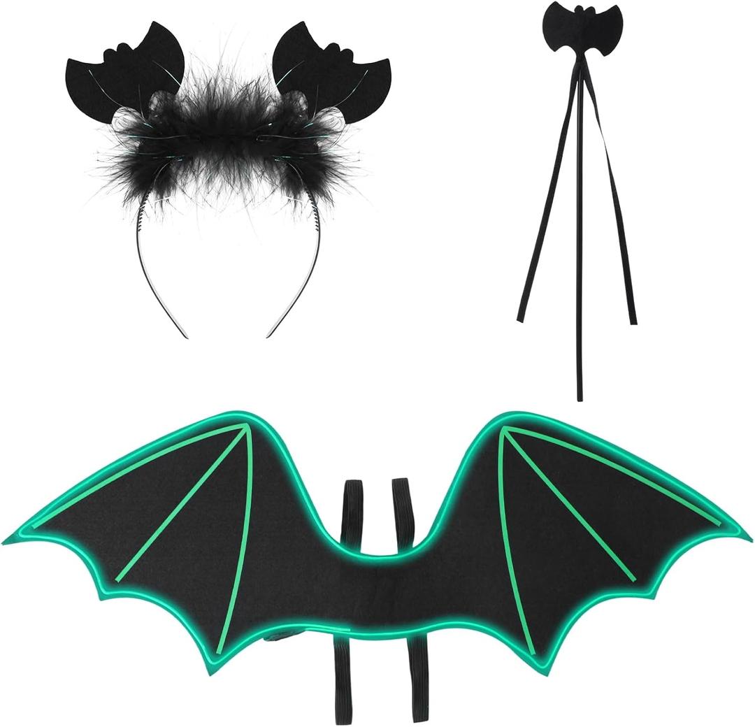 Halloween Bat Costume Set Include Light up Bat Wings LED Wing Black Headband Wand for Halloween Party Decoration (Green)