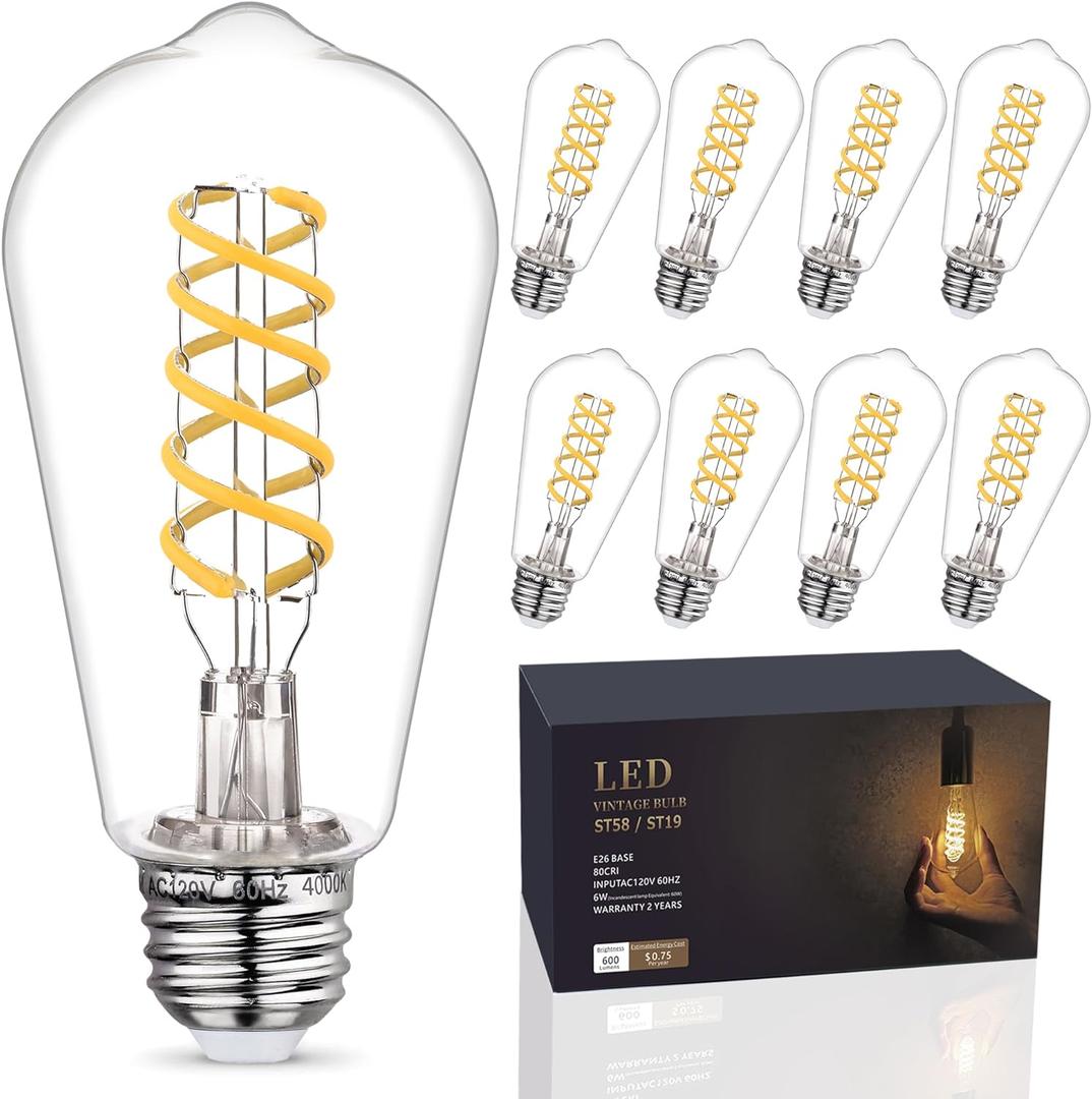 8 Pack 60 Watt Equivalent, E26 LED Filament Light Bulbs, Neutral White 4000K, Dimmable, Antique Filament Decorative Light Bulbs, ST19/ST58 LED Edison Bulb with 80+ CRI