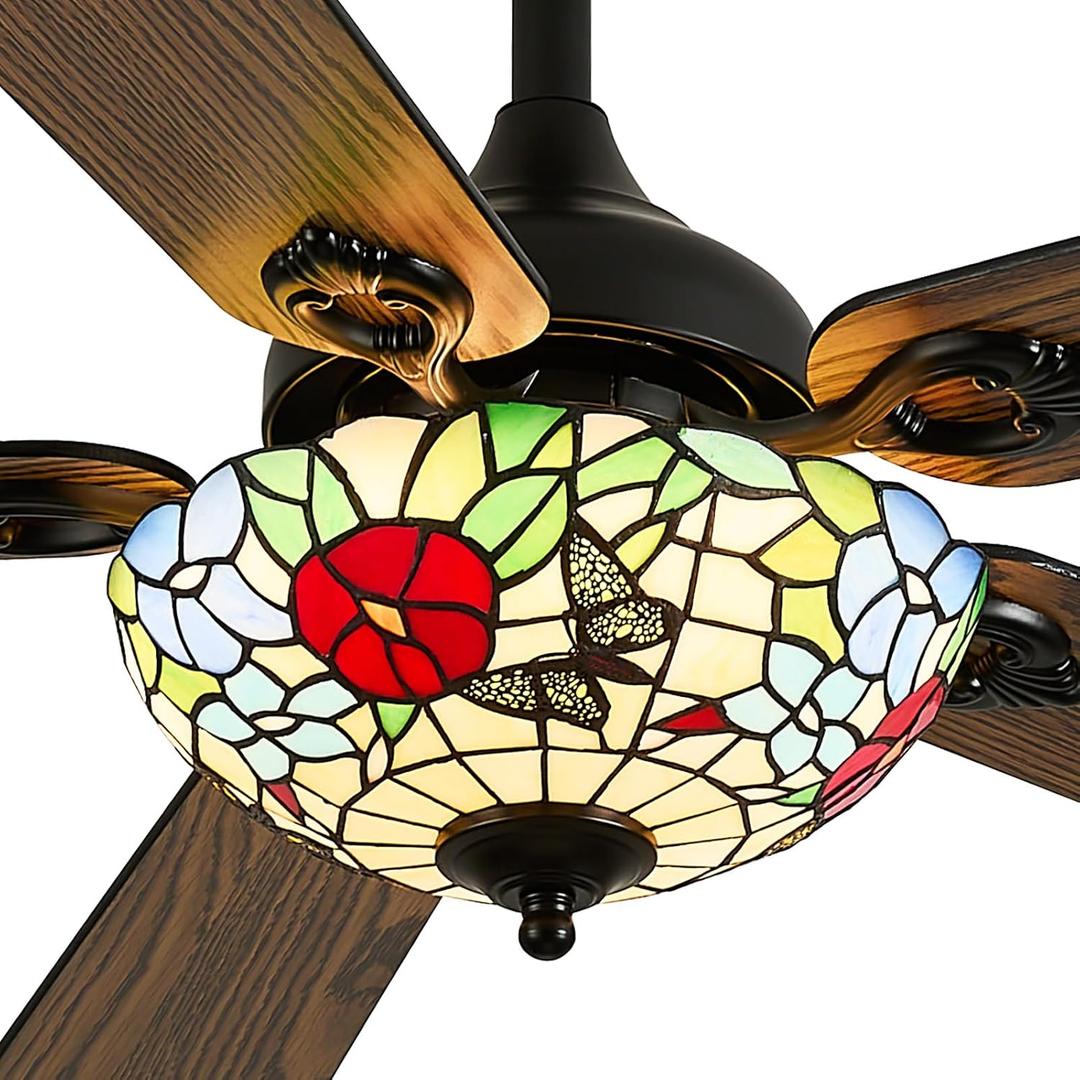 52" Tiffany Style Ceiling Fans with Lights, Vintage Chandelier Ceiling Fan with Stained Glass Shade, Dimmable LED, 6 Speeds Reversible for Bedroom (Butterfly Garden)