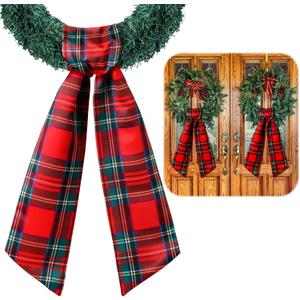 VitalCozy 2 Pcs Wreath Sash for Front Door Wreath Sash Garland Ribbon Accessories for Embroidery Monogram Outdoor Indoor Xmas Party Yard Doorway 4.5" W x 56" L(Red,Plaid)
