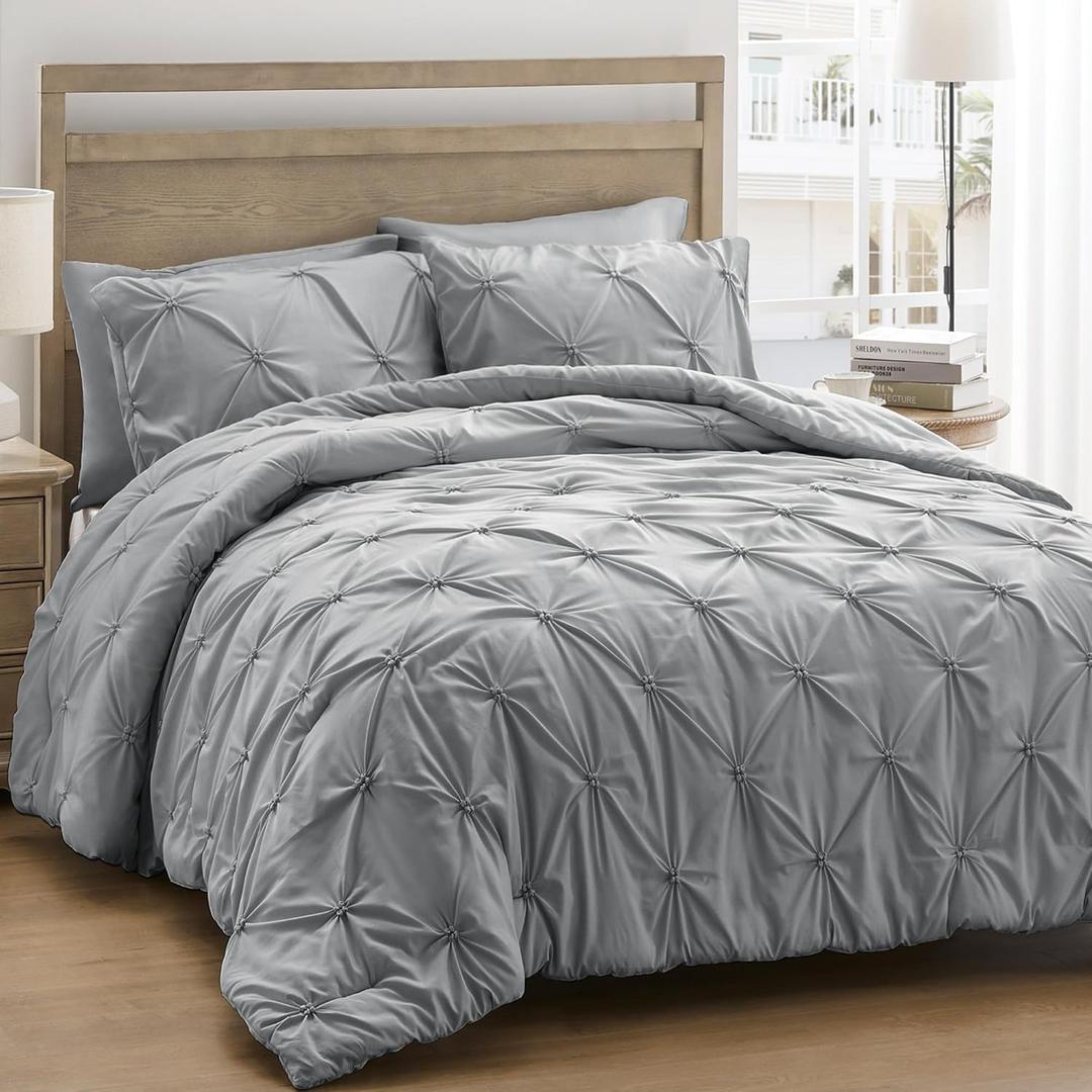 UNIKOME Queen Comforter Set Gray/Light Gray - Ultra Soft Boho Pintuck Down Alternative Bedding Set for Winter, All Seasons, 3 Pieces Lightweight Warm Pinch Pleat Bed Set with Comforter, 2 Pillowcases