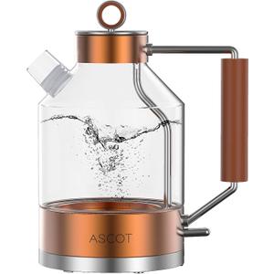 ASCOT Electric Kettle, Glass Electric Tea Kettle Gifts for Men/Women/Family 1.6L 1500W Borosilicate Glass Tea Heater, with Auto Shut-Off and Boil-Dry Protection (Copper)