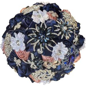Bridal Wedding Bouquet with Luxury Rhinestone Brooch Bling Bouquet for Bride Bridesmaid Quinceanera Satin Rose Flower Bouquet Wedding Dusty Pink and Navy Blue 8.3in
