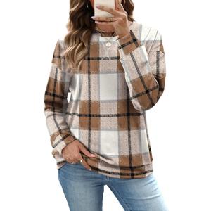 RUMIA Women's Crew Neck Sweatshirt Loose Pullover Long Sleeve Shirts Soft Tops for Women Fall Clothes 2025 (Medium, Beige Plaid)