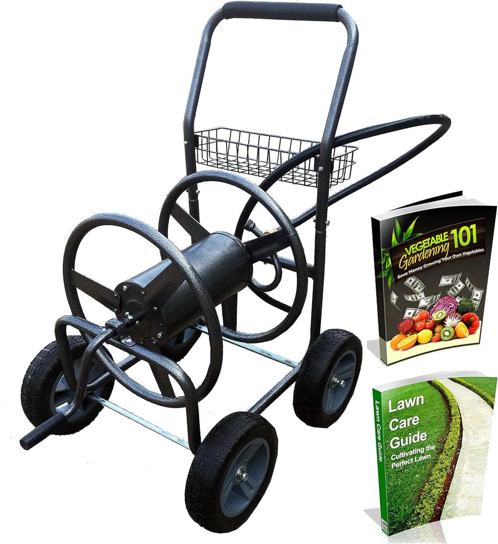 Backyard Expressions Metal Hose Reel Cart with Wheels - Heavy Duty Hose Caddie - 250 Ft Hose Capacity - Hammertone Finish