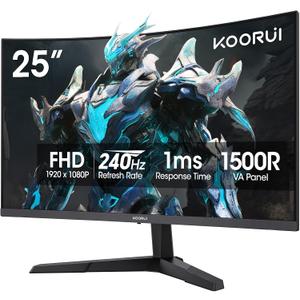 KOORUI 25 Inch Curved Gaming Monitor 240Hz FHD 1080P Computer Monitor, 1500R 1ms MPRT Display, Adaptive Sync, 90% DCI-P3,HDR, Eye Care, Tilt Adjustable, VESA 75x75mm, Black,G2511XC