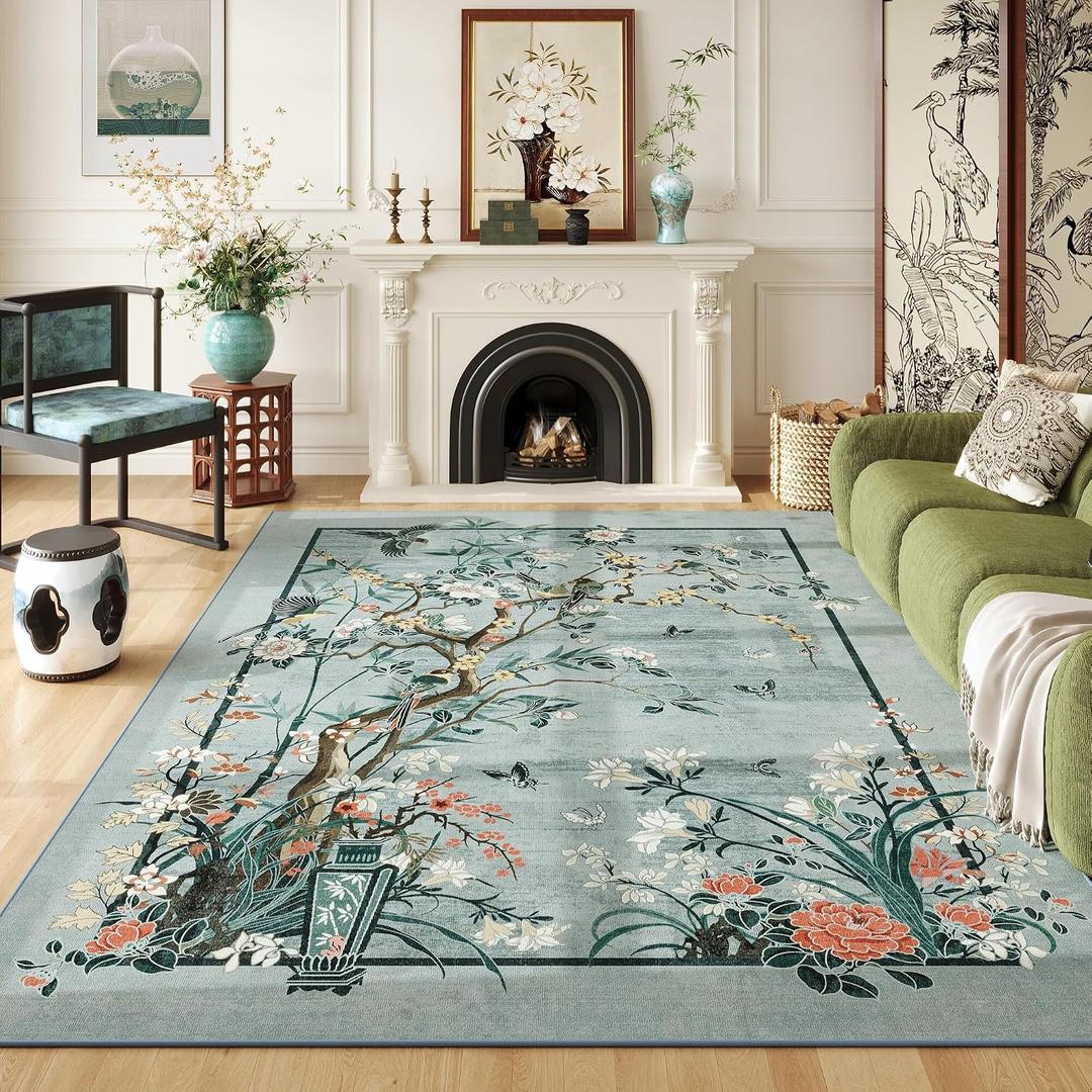 Area Rugs 8x10 Clearance Chinoiserie-Style Floral Vintage Machine Washable Non Slip Low Pile Large Rug for Bedroom, Farmhouse, Dining Room, Kids Playroom, Blue