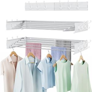 Laundry Drying Rack, Collapsible Wall Mounted Clothes Drying Rack - Foldable,Space Saving, 13.2 Linear Ft, 5 Aluminum Rods, 60 lb Capacity (White, 31.5" Wide)