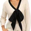 Women Bow Sweater Cute Tie Front Cropped Cardigan V Neck 7/8 Long Sleeve Fall Knit Top Elegant Holiday Party Office Wear (XXL)