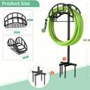 Garden Hose Holder - Upgraded Metal Reel With Tool Storage Basket, Heavy Duty Freestanding Water Hose Holder Holds 150ft, Detachable Storage Hanger for Outside