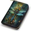 Credit Card Holder Wallets for Women, RFID Blocking Small Leather Card Case Wallet with Zipper Accordion Wallets, Dragonfly