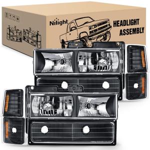 Nilight Headlight Assembly for 1994 1995 1996 1997 1998 Chevy Silverado Tahoe Suburban C10 C/K 1500 2500 3500 Replacement Headlamp Black Housing Amber Reflector Bumper Corner Lamp