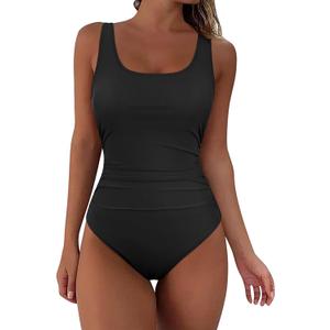 Firpearl Underwire Swimsuits for Women Ruched Tummy Control Long Torso One Piece Bathing Suits Push Up Modest Swimwear (14, Black)