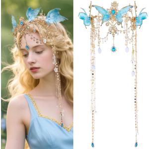 FRESHME Renfaire Fairy Elf Crown - Fairy Headpiece with Butterfly Wings Renaissance Cosplay Halloween Fantasy Accessories (Blue)