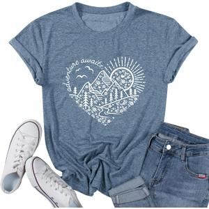 Women Adventure Awaits Outdoor Graphic Tee Shirt Kindness Heart Printed Hike Mountain Nature Travel Shirt Workout Tops XL