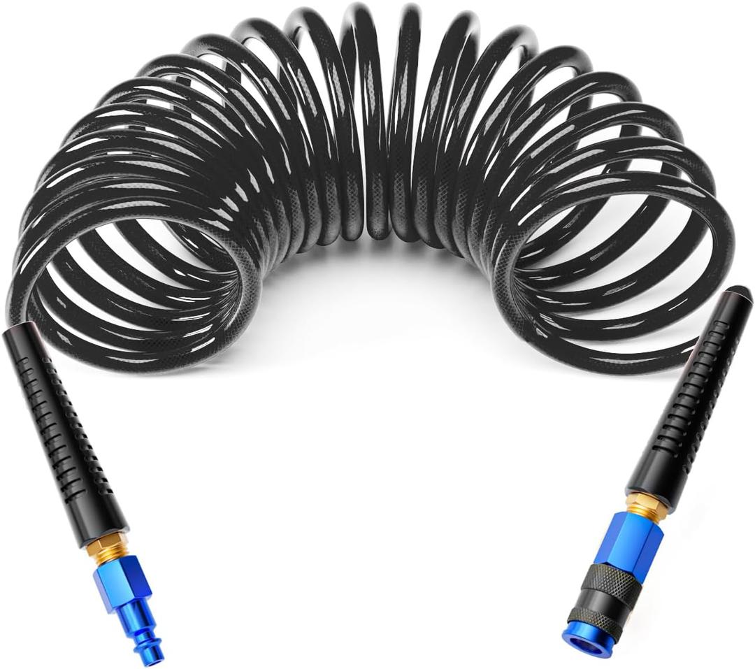 GASHER 1/4" x 10FT Black Reinforced Polyurethane Air Hose With Bend Restrictor, 1/4" AMT Universal Air Coupler, For Air Compressor