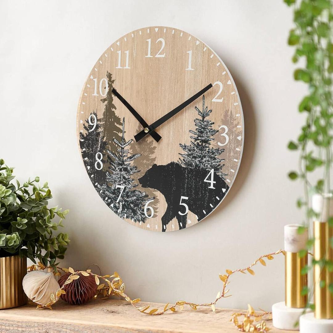SwallowLiving Cabin Bear Wall Clock 12 Inch Silent Non Ticking Clock Wooden Forest Wildlife Mountain Lodge Clock Battery Operated Rustic Farmhouse Wall Clock