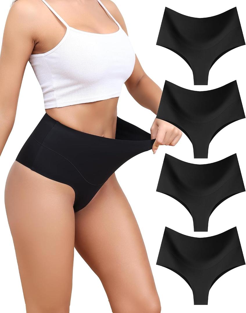 LEVAO High-Waist Thong Shapewear for Women Moderate Tummy Control Seamless Brazilian Panties, No Show, Postpartum Underwear, 4-Pack (XL)