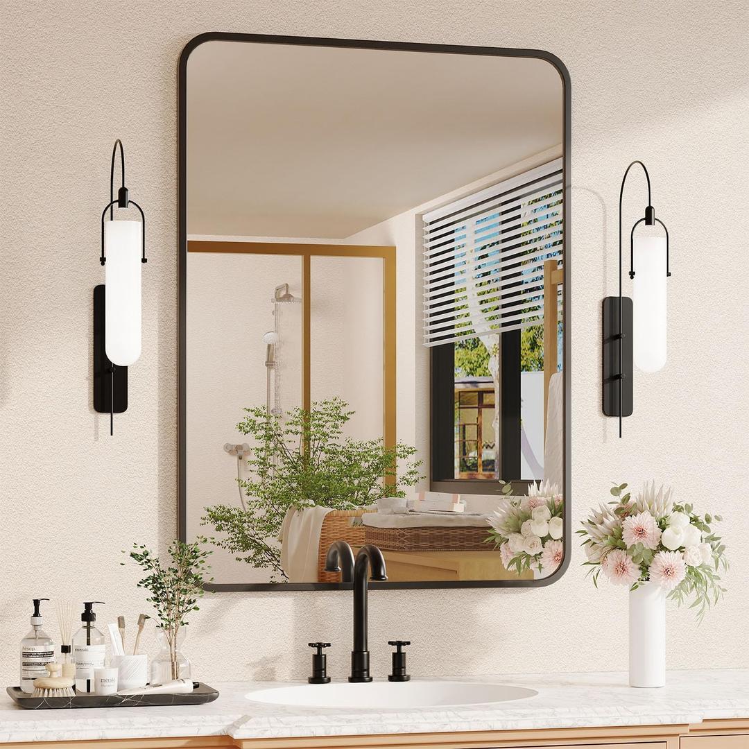 Black Bathroom Mirror for Over Sink - 2230 Rectangle Bathroom Vanity Mirror Wall Mounted with Matte Aluminum Frame & Rounded Corners, Shatterproof Glass, Horizontal/Vertical