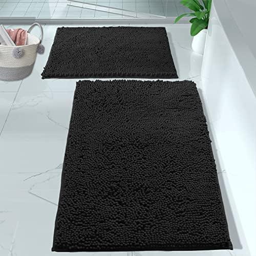 LuxUrux 2 Piece Bathroom Rug Set - Premium Plush Bath Mat Shower Rugs, 1" Chenille Microfiber, Non-Slip & Absorbent, Soft & Cozy, Durable Stylish (20x60 & 16x24 inches, Black)