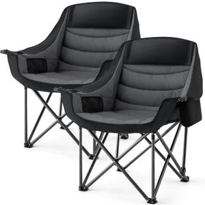 Padded Camping Chair for Adults 2 Pack Heavy Duty 500lbs Support Portable Folding Camping Chair with Cup Holder Cooler Pockets for Outdoor Beach Fishing Garden (Black & Dark Gray), Twin Pack