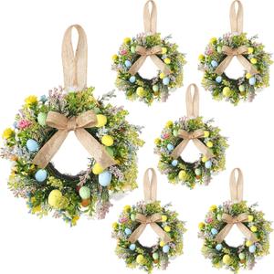 Riceshoot 6 Pcs 11 Inch Easter Egg Wreath Decorations with Ribbon Bow for Front Door Kitchen Cabinet Small Window Spring Artificial Flower Wreath with Pastel Eggs and Mixed Twigs for Home Farmhouse