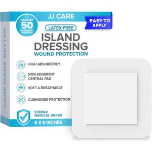 JJ CARE Adhesive Island Dressing [Pack of 50], 6x6 Sterile Bordered Gauze, Breathable Island Wound Dressing, Individually Wrapped Adhesive Gauze Bandages with Non-Stick Central Pad