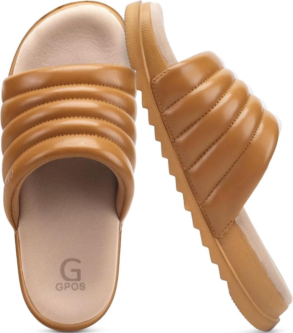 GPOS Womens Slides with Memory Foam Soft Cushioned Cozy House Slippers for Woman Comfy Open Toe Ladies Sandals Leather Slip on Bedroom Shoes Plantar Fasciitis Indoor Outdoor (8, Allkhaki)