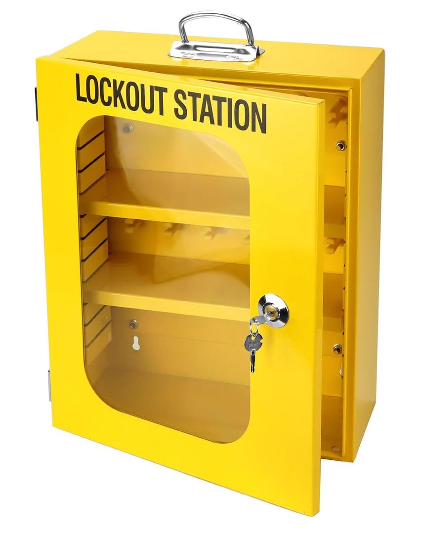 QWORK Heavy Duty Lockout Tagout Station with Clear Door & Lock, Wall Mounted Loto Box, Steel Cabinets, Large Machine Service Storage, Yellow