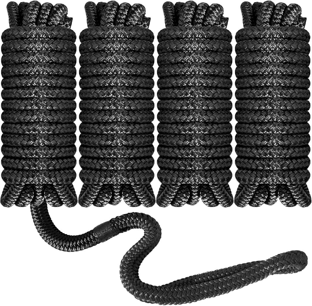 Boat Dock Lines 1/2X 15, Double Braided Nylon Boat Ropes for Docking with 12Loop, 4 Pack Marine Dock Line Premium Mooring Rope for Kayak Pontoon Boats, Boat Dock Accessories (Black)