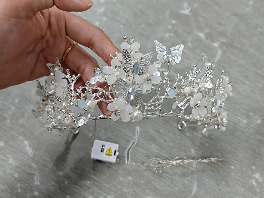 JEAIRTS Light Up Rhinestone Butterfly Headband Sparkly Flower Pearl Wedding Fairy Headpiece Led Costume Hair Accessories for Women, Free Size, 1-silver