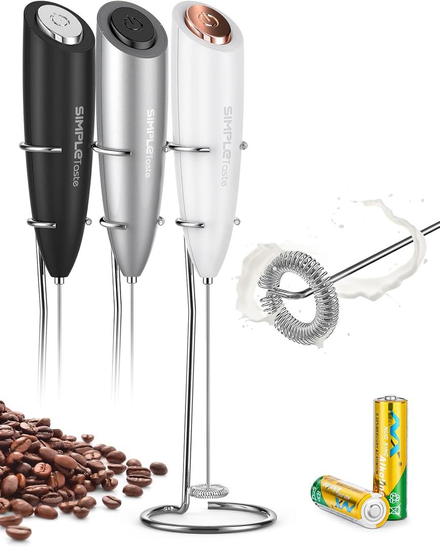 SIMPLETASTE Milk Frother Handheld Electric Foam Maker, Drink Mixer with Stainless Steel Whisk for Cappuccino, Bulletproof Coffee, Latte, with Stand, White, Battery Operated