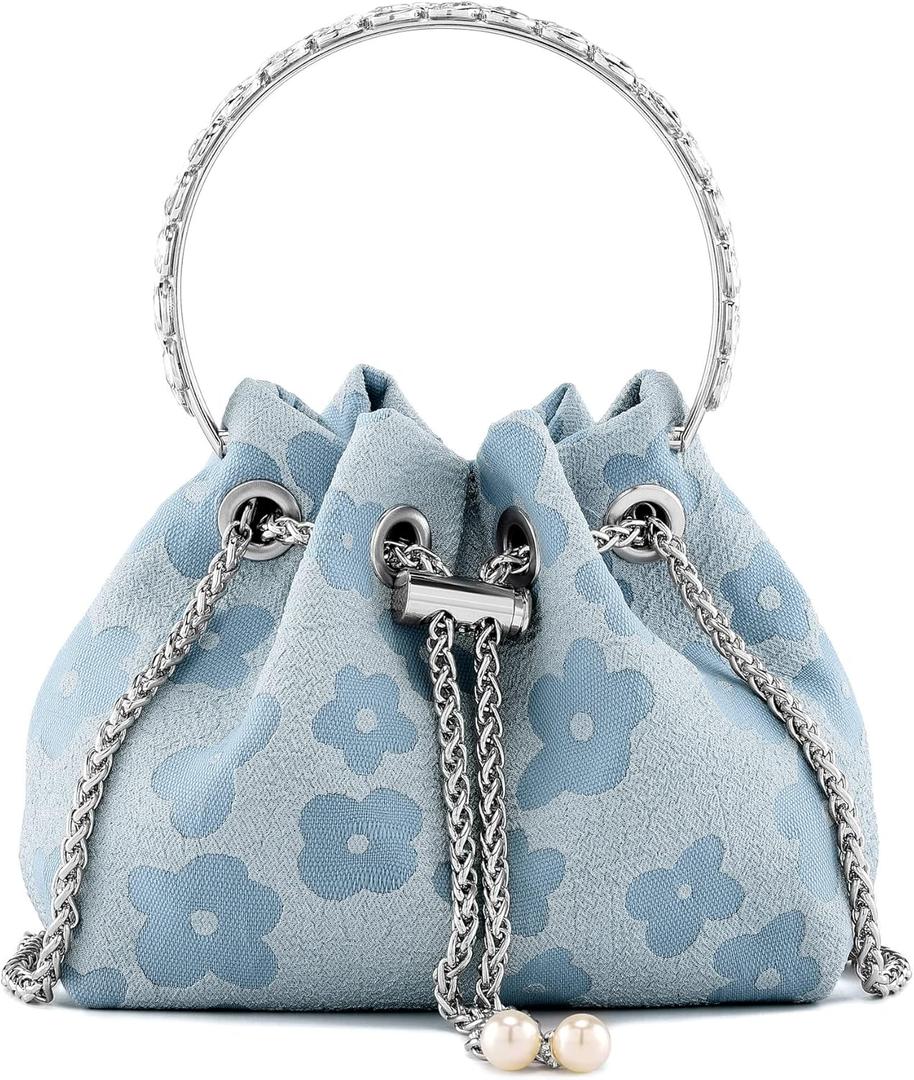 Ayliss Women Evening Handbag Mini Clutch Rhinestone Pouch Crossbody Handbag Purse Top Handle Floral Shoulder Bag Prom (Blue)