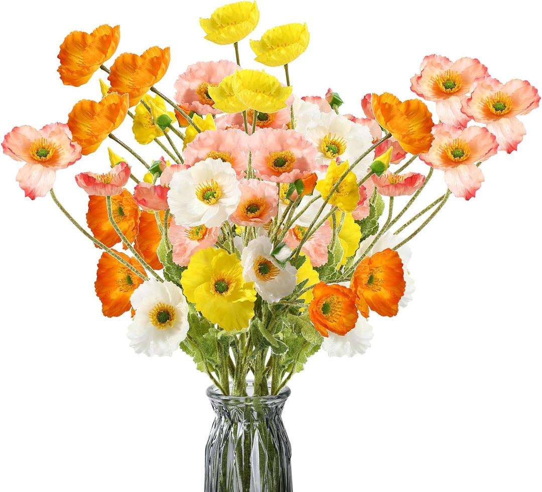 30 Pcs Silk Artificial Poppy Faux Poppy Spring Flowers for Home Kitchen Wedding Decorations Floral Arrangement Table Centerpieces Vase Bouquet Outdoor Halloween Party Decor (Mixed Colors)