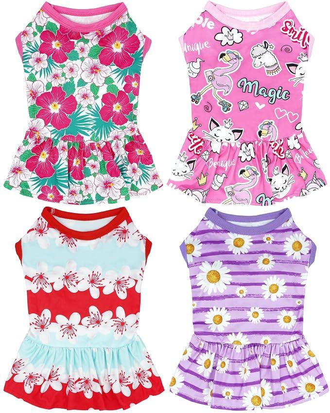 4PCS Dog Dresses Shirts for Large Dogs Girl Female Pink Purple Red Skirts Summer Clothes Pet Apparel Floral Sundress Small Daisy Unicorn Stretchable Lightweight Outfit 3XL Pack of Dresses