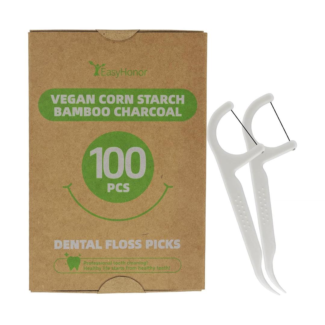 EasyHonor Organic Dental Floss Picks - Natural Biodegradable Floss Sticks with Strong Bamboo Charcoal Thread & Vegan Corn Starch Handle.(100PCS)