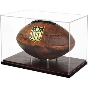 Happyseason Football Display Case, Clear Acrylic, Solid Wood Base, Stainless Steel Pegs Stand, Full Size Football Holder, Autographed Sports Memorabilia Collectible Box, No Assembly, Gifts for Men