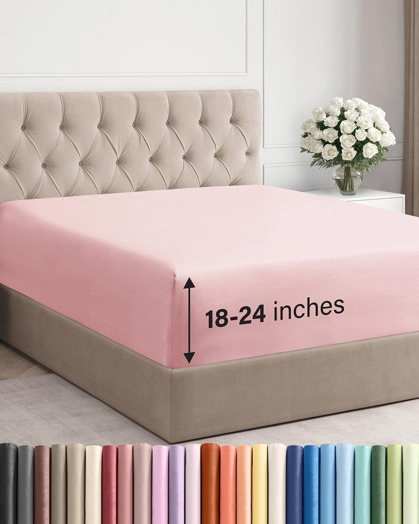 Extra Deep King Fitted Sheet - Hotel Luxury Single Fitted Sheet Only - Easily Fits 18 inch to 24 inch Mattress - Ultra Soft, Wrinkle & Fade Free w/Extra Deep Pockets - Breathable & Comfy - Baby Pink