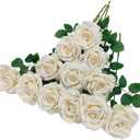 ATFL Ivory Roses Artificial Flowers,Fake Roses Bulk, 12 Pcs,Flower Diameter 4'',Faux Silk Rose Flowers with Stems for Wedding Arrangement Centerpieces Party Home Table Decorations,Flores Artificiales