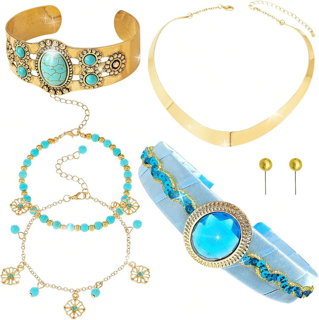 BACH AND BOUJEE 6 PCS Arabian Princess Costume Accessories for Women Princess Accessories Headband Gold Chunky Necklace Earrings Halloween Cosplay Costume Festival Party