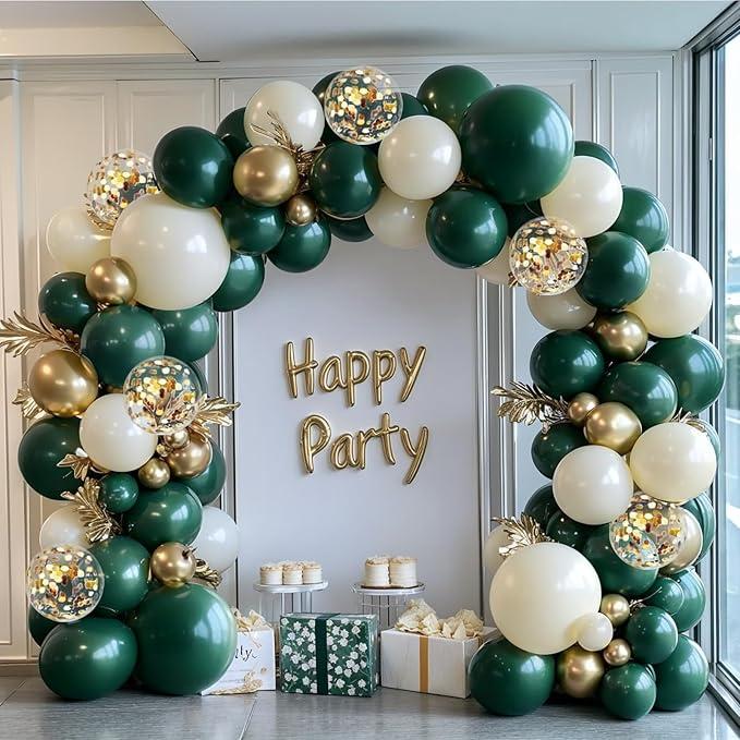 Emerald Green and Gold Balloons Arch Kit, Double Stuffed Dark Hunter Forest Green Pearl Sand White Metallic Gold Balloons for Wedding First Communion Birthday Graduation Party Decorations
